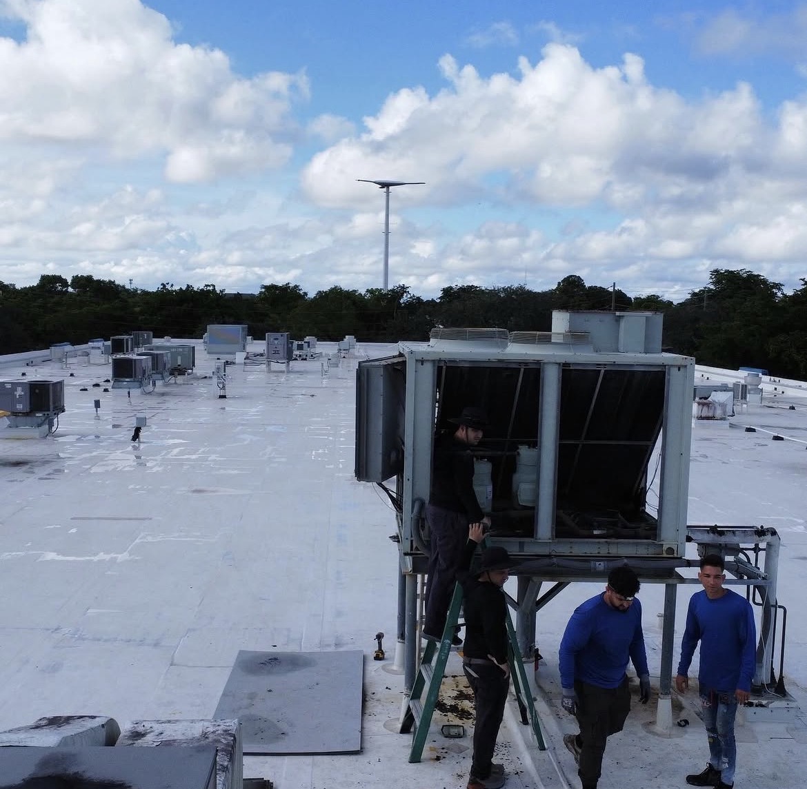 Commercial rooftop HVAC team working on rooftop equipment